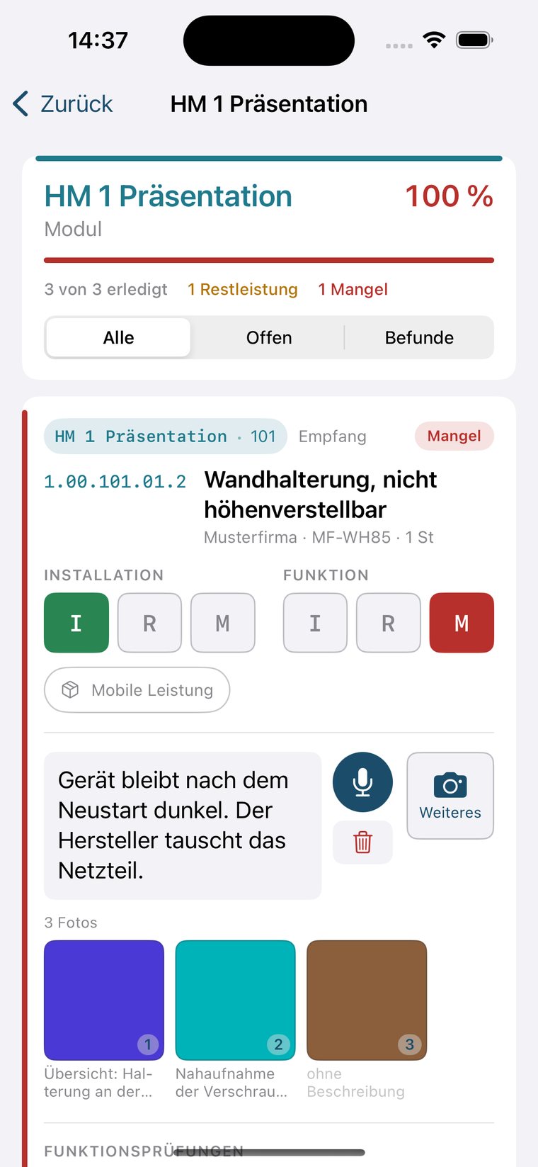 Dieselbe Abnahmeposition auf dem iPhone: Bewertung, Mangelbeschreibung, Fotos und Funktionsprüfungen untereinander.