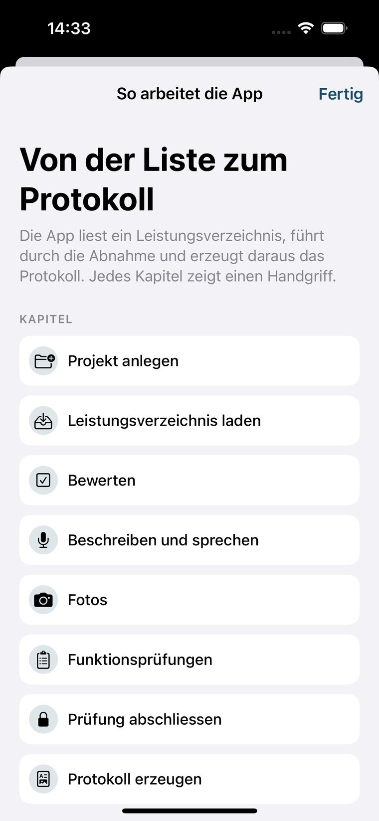 Die eingebaute Anleitung mit acht Kapiteln.