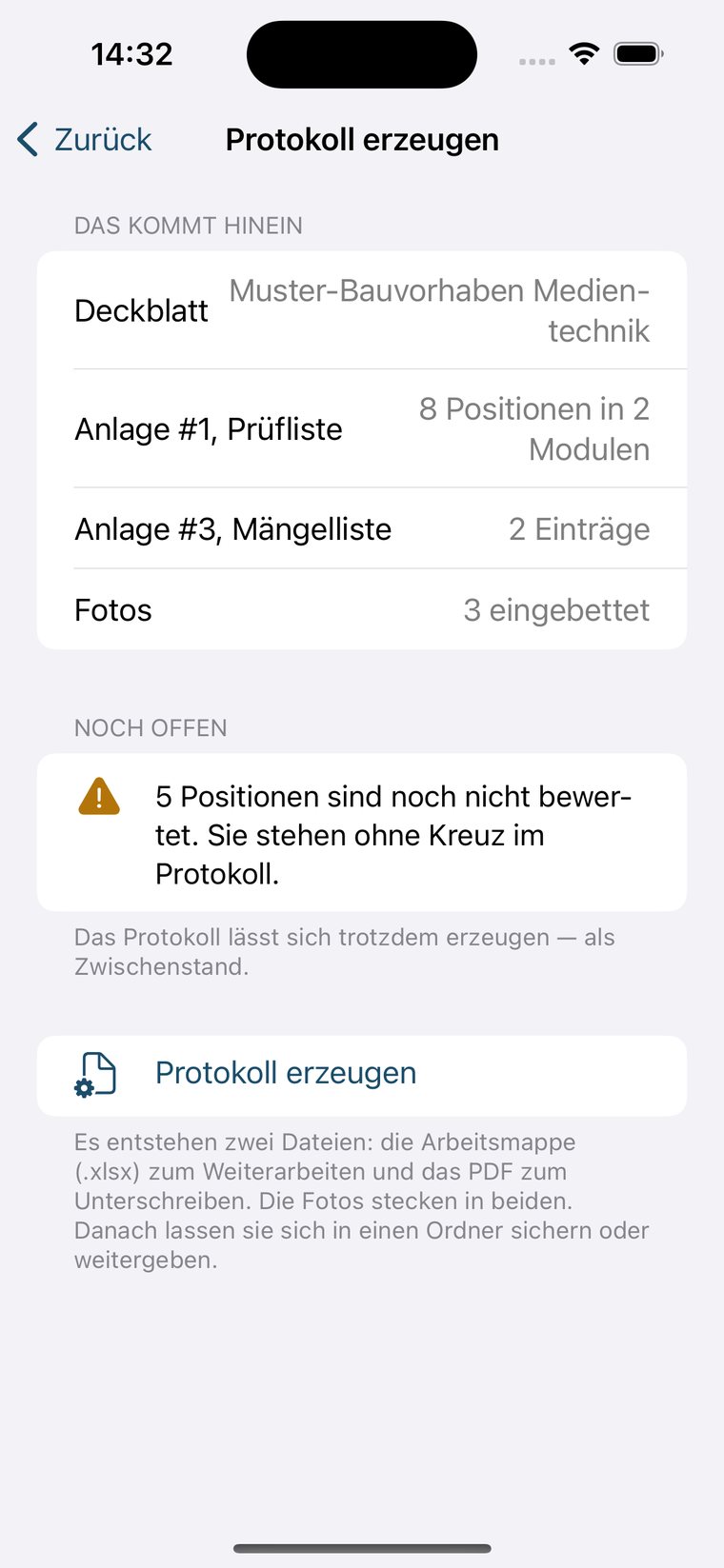 Die Ausgabeseite mit Deckblatt, Anlage 1, Anlage 3 und der Zahl der Fotos.