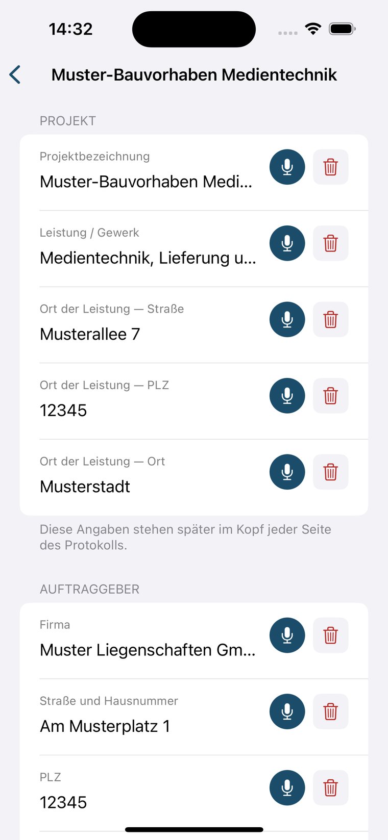 Setup mit Projektangaben, Auftraggeber, Auftragnehmer und Terminen.