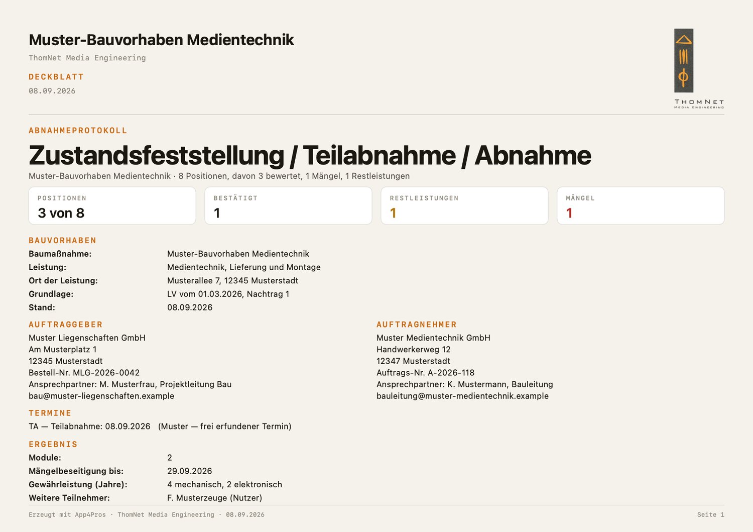 Das Deckblatt des Abnahmeprotokolls mit vier Kacheln: Positionen, Bestätigte, Restleistungen und Mängel.